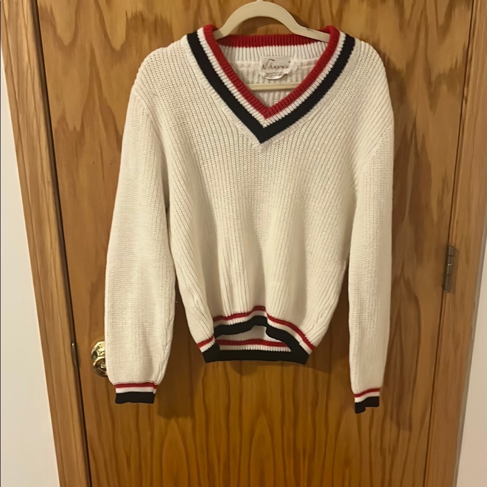 Vintage V-Neck Sweater White and Red Striped Accents